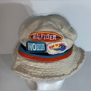 TOMMY HILFIGER INFANT TODDLER BUCKET SUN HAT TAN BLUE CHIN  STRAP OUTDOORS 6-12